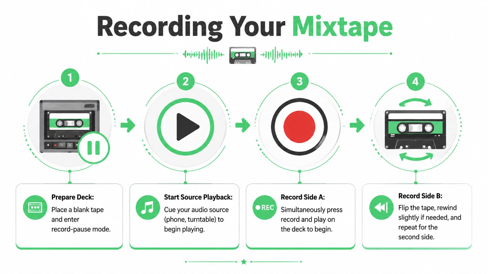 An infographic showing a four-step guide on how to record a music mixtape onto a cassette tape.