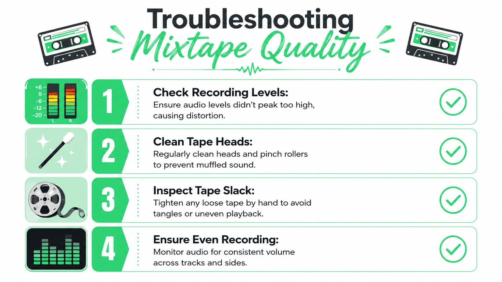 A guide infographic for troubleshooting mixtape quality with four numbered tips on maintaining audio cassette recordings.