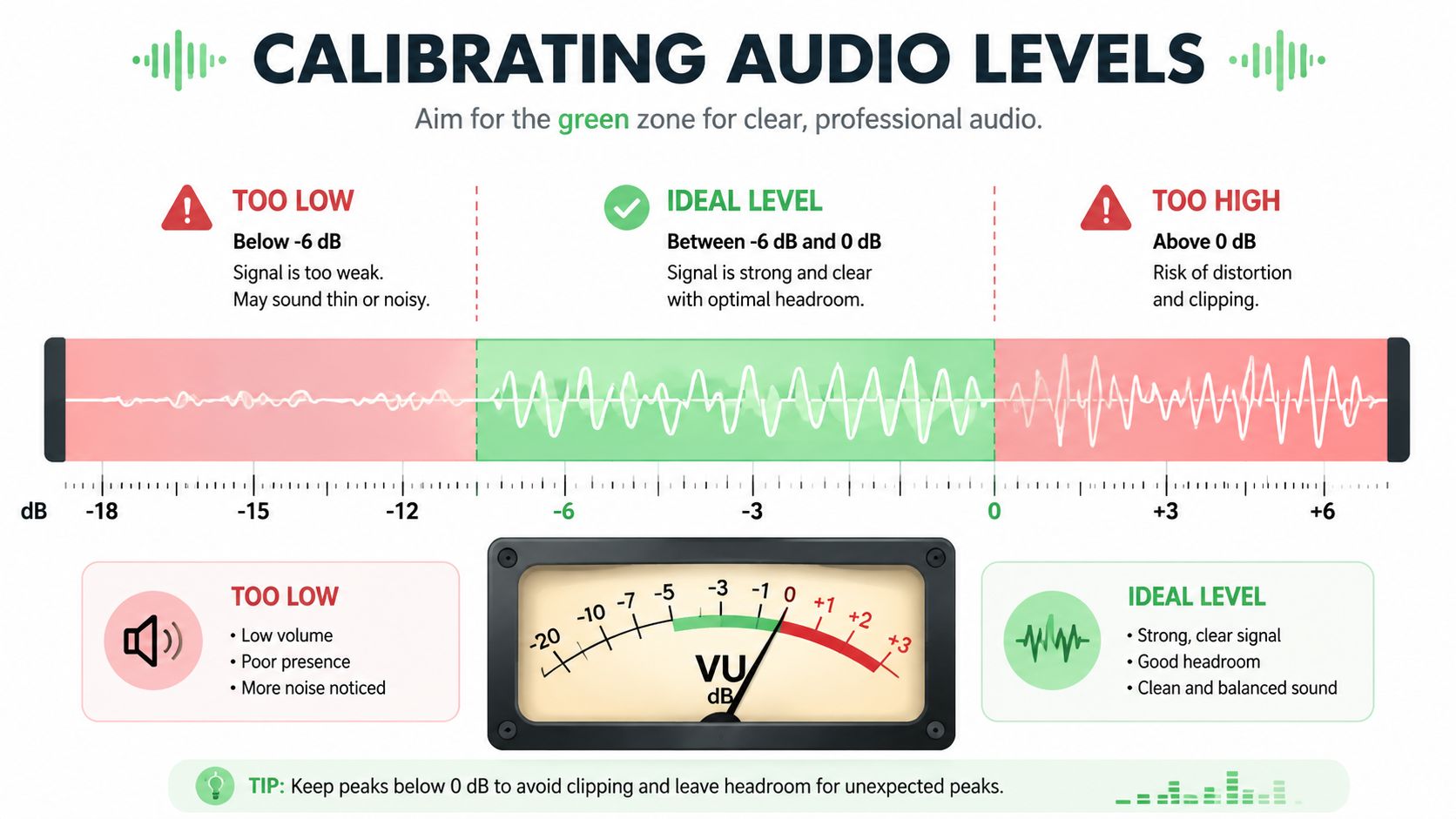 A visual guide explaining audio level calibration, showing green, yellow, and red zones for recording audio.