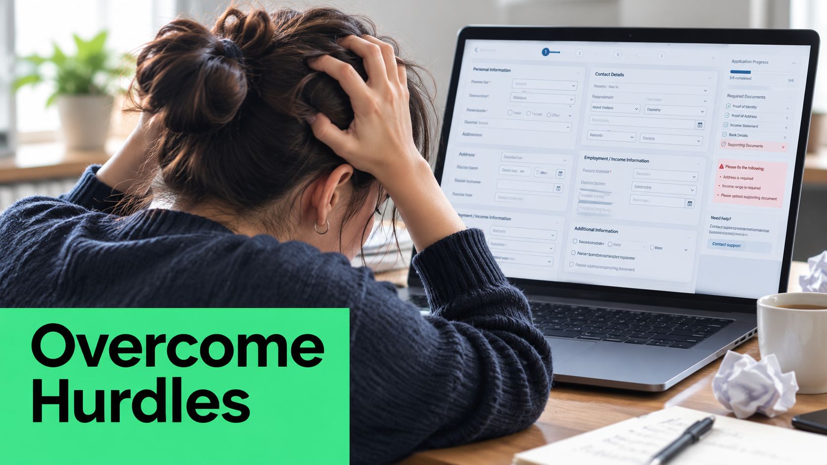 A woman looks stressed while filling out an online application form on her laptop computer.