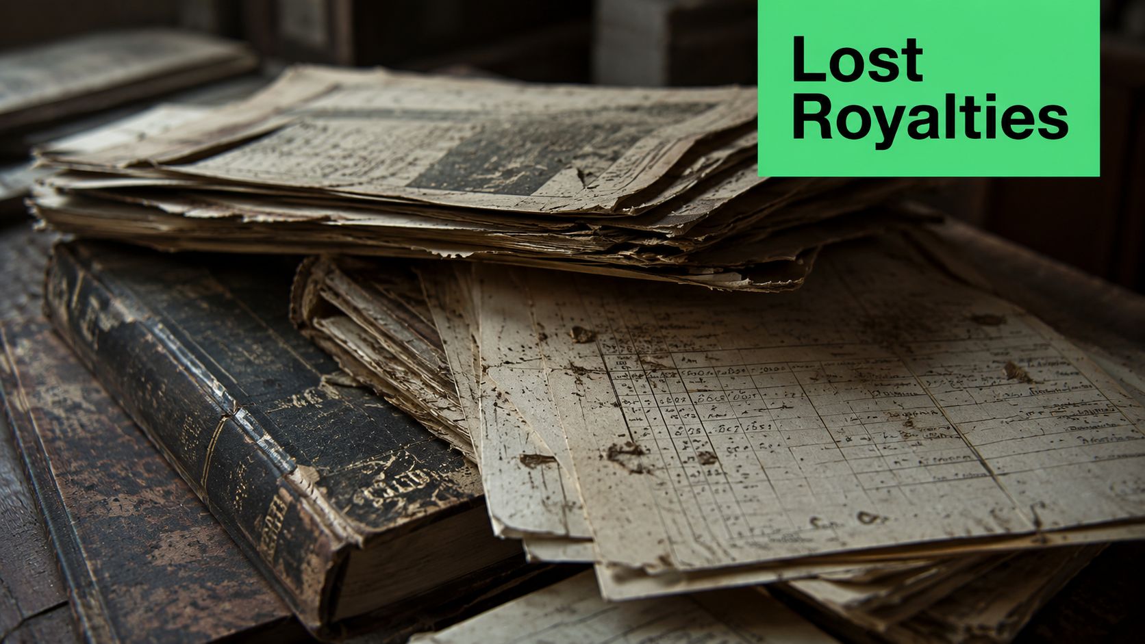 A close-up view of weathered, aged documents and a vintage book resting on a wooden desk.
