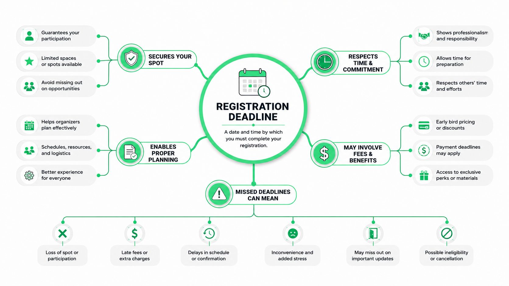 A mind map infographic illustrating the importance of registration deadlines, including benefits and consequences of missing them.