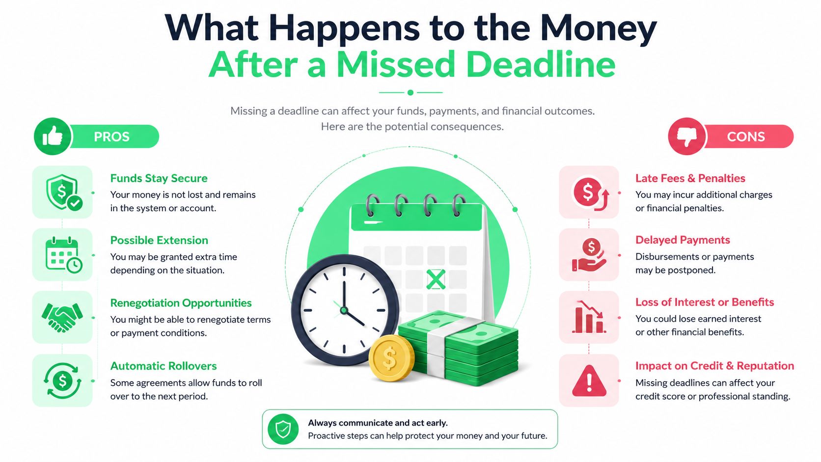 An infographic illustrating the pros and cons of missing a financial deadline, including potential penalties and opportunities.