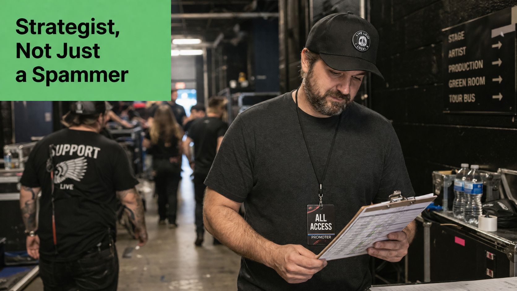 A concert promoter holding a clipboard reviews logistical details in a busy backstage production area.