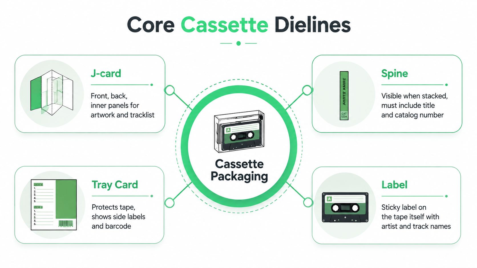 An infographic illustrating the four core design components for audio cassette packaging including J-card, spine, tray card, and label.