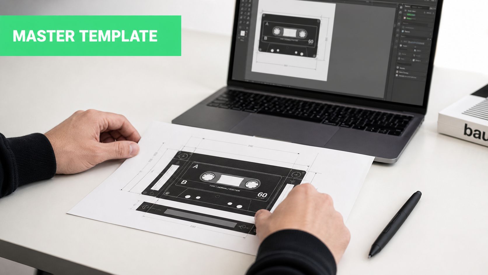 A person reviewing a printed technical drawing of an audio cassette next to a laptop on a desk.