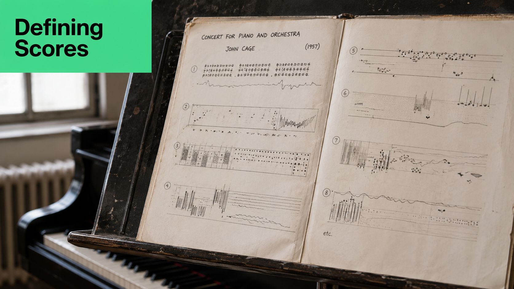 A sheet of graphic music notation by John Cage for Concert for Piano and Orchestra on a music stand.
