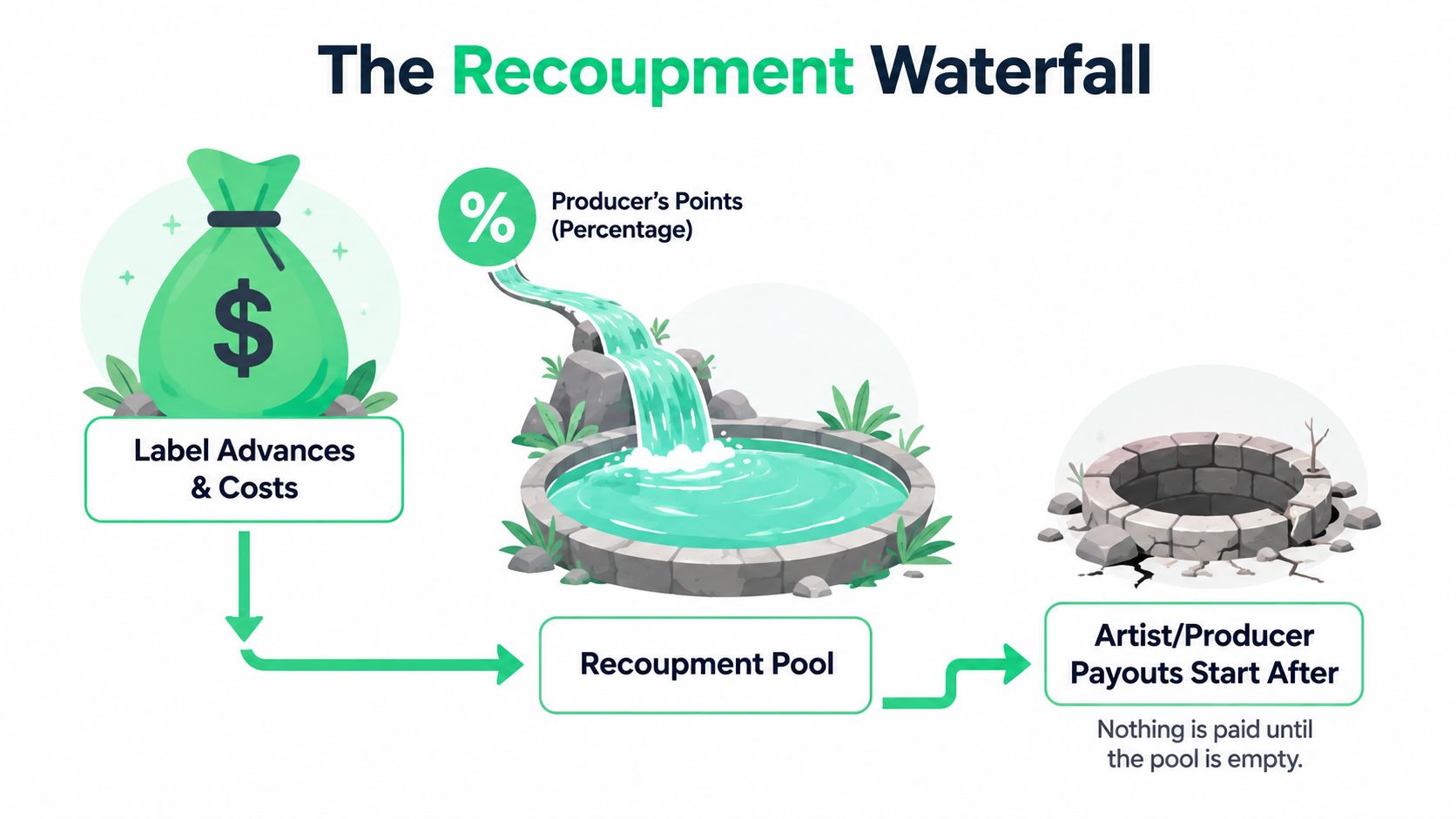 A diagram illustrating the recoupment waterfall process in music business where label costs and advances are repaid.