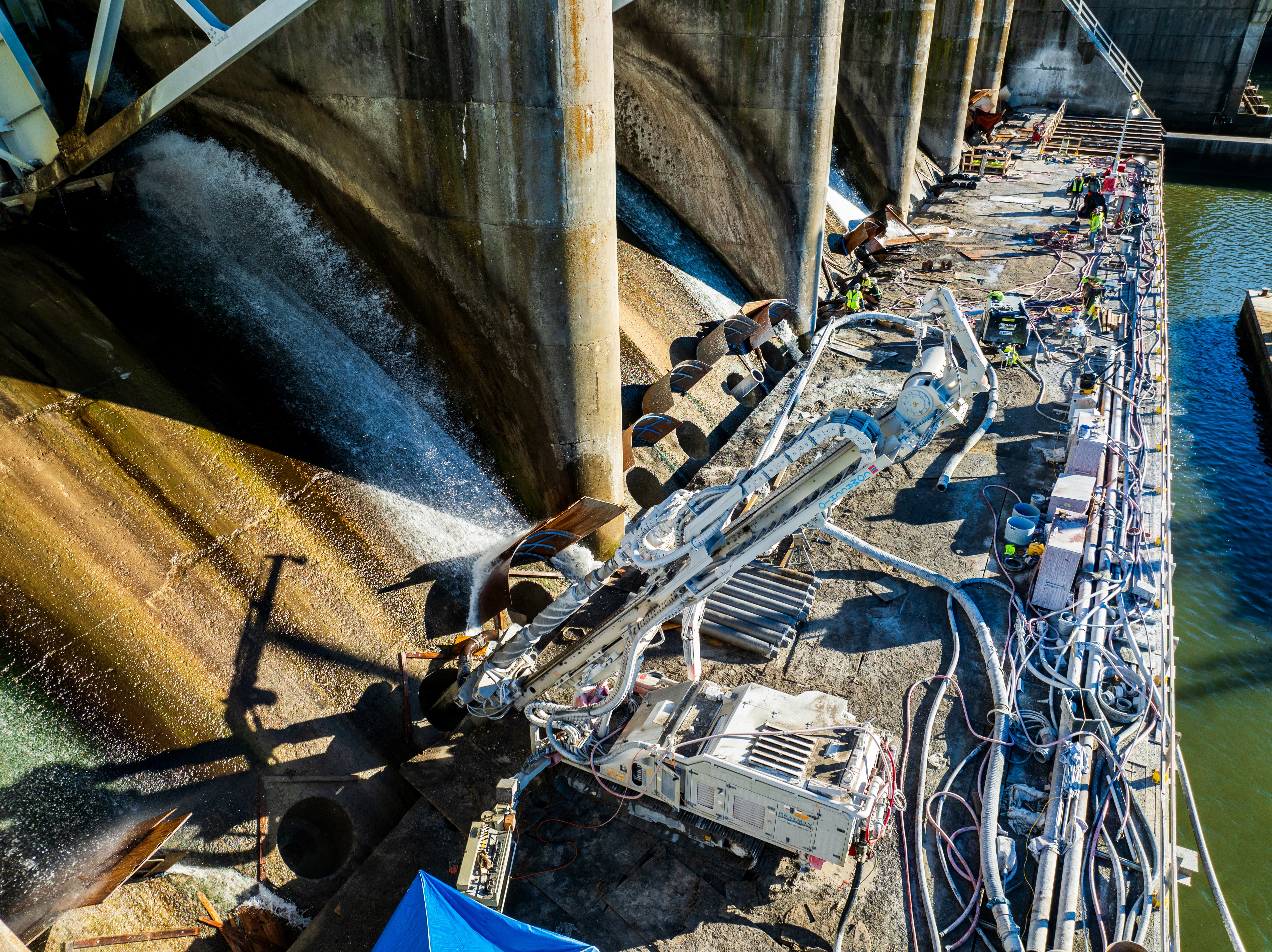 An overhead image of a drill at the Kerr Dam.