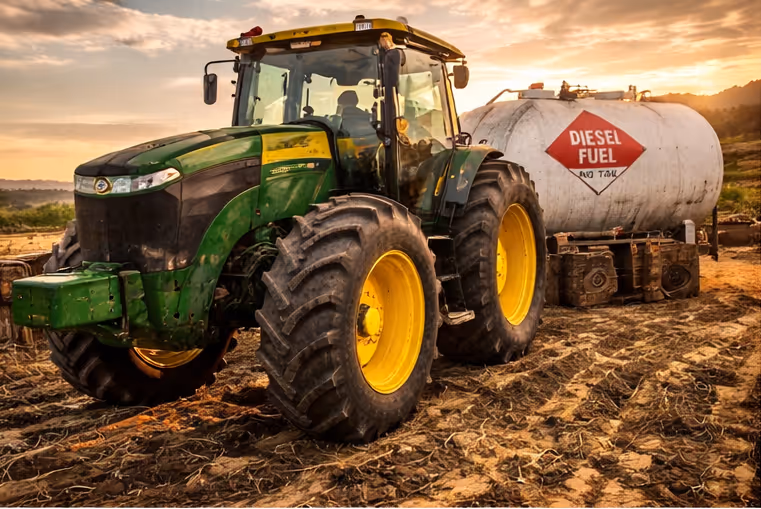 Tractor refueling from farm diesel storage tank with red dye off road diesel used for agricultural equipment.