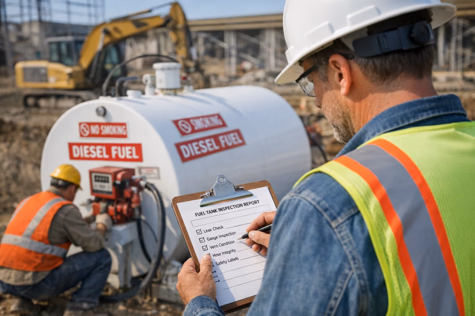 Inspector auditing diesel fuel storage tank for off road diesel compliance.