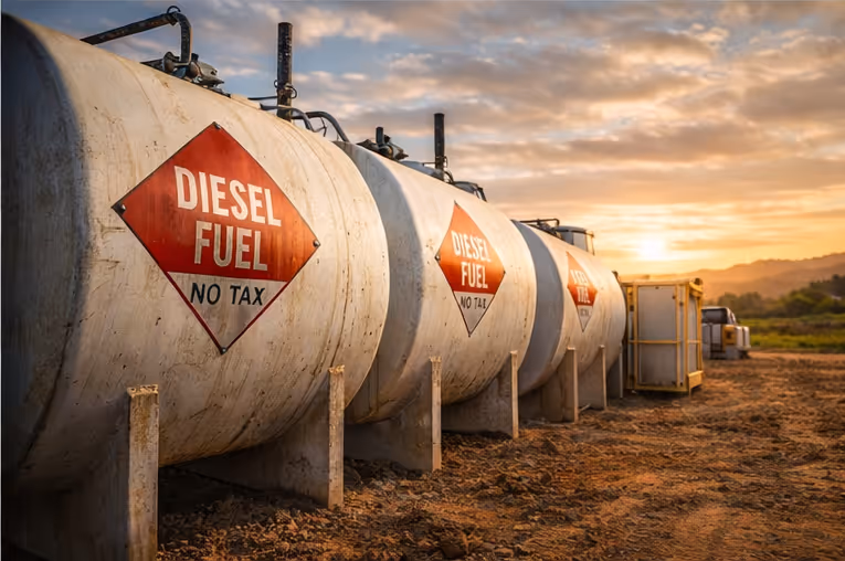 Bulk storage tanks holding off road diesel fuel for construction and agriculture.