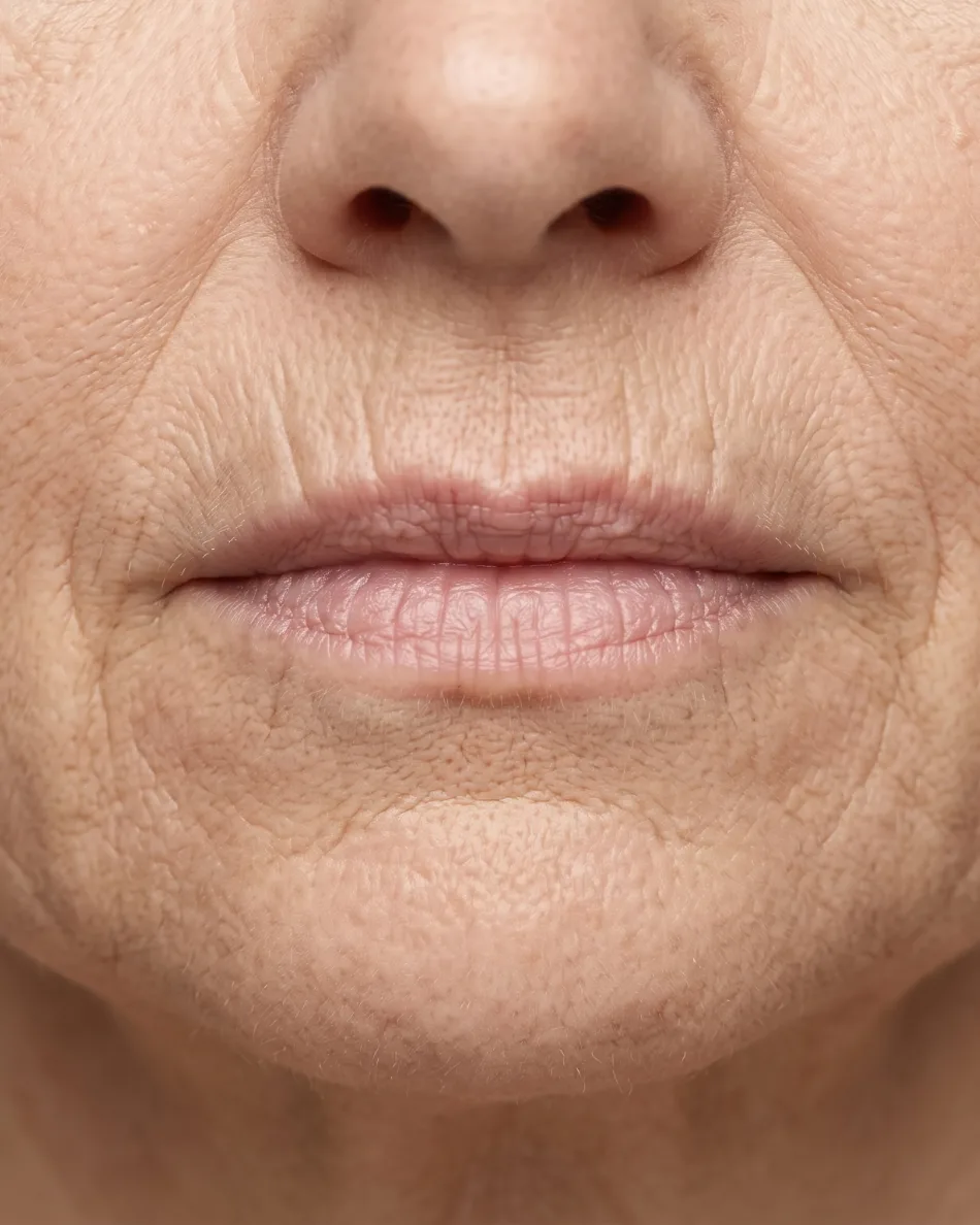 Close view of the lower face showing fine perioral lines, vertical lip lines and loss of skin tension along the chin and jawline