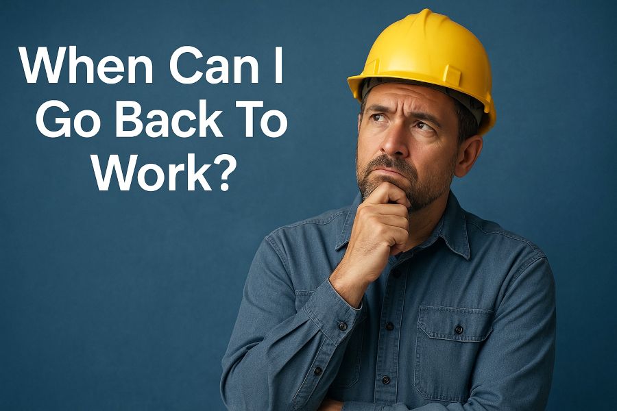 Inquisitive man in hardhat next to text that says "when can I go back to work?"