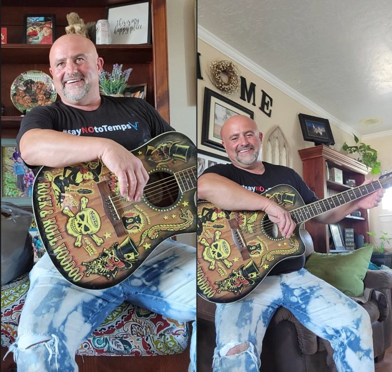 Two side by side photos of Chris holding his guitar