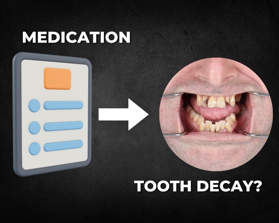 Text that says Medication Tooth Decay and a list icon next to a smile of decayed teeth