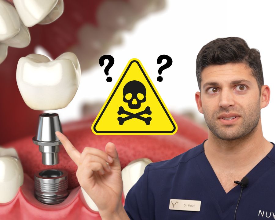 Oral surgeon pointing to diagram of a dental implant with a warning, toxic sign next to it.
