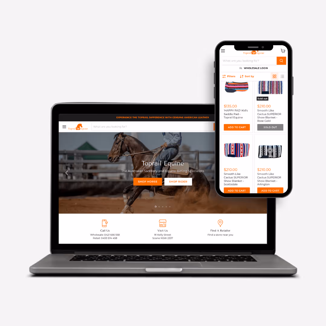 Laptop and smartphone displaying equestrian website and products