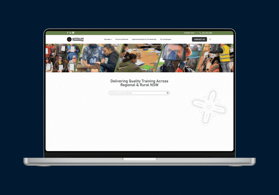 Animated demo of the Australian Training Plus website built by Rhythm Digital, showing a user navigating from the homepage to the Course Calendar and through to an individual course page.