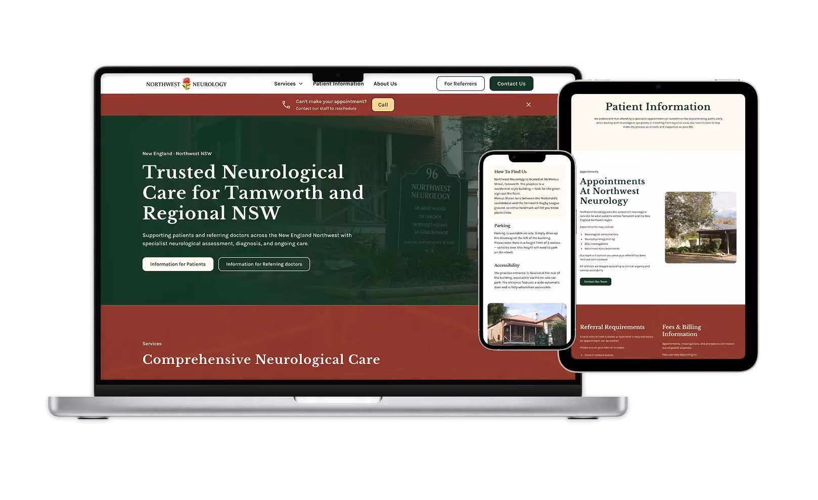 Multi-device mockup of the Northwest Neurology website built by Rhythm Digital, shown across laptop, tablet, and mobile. The homepage features the heading 'Trusted Neurological Care for Tamworth and Regional NSW' with Comprehensive Neurological Care services, alongside Patient Information and How to Find Us pages on the tablet and phone.