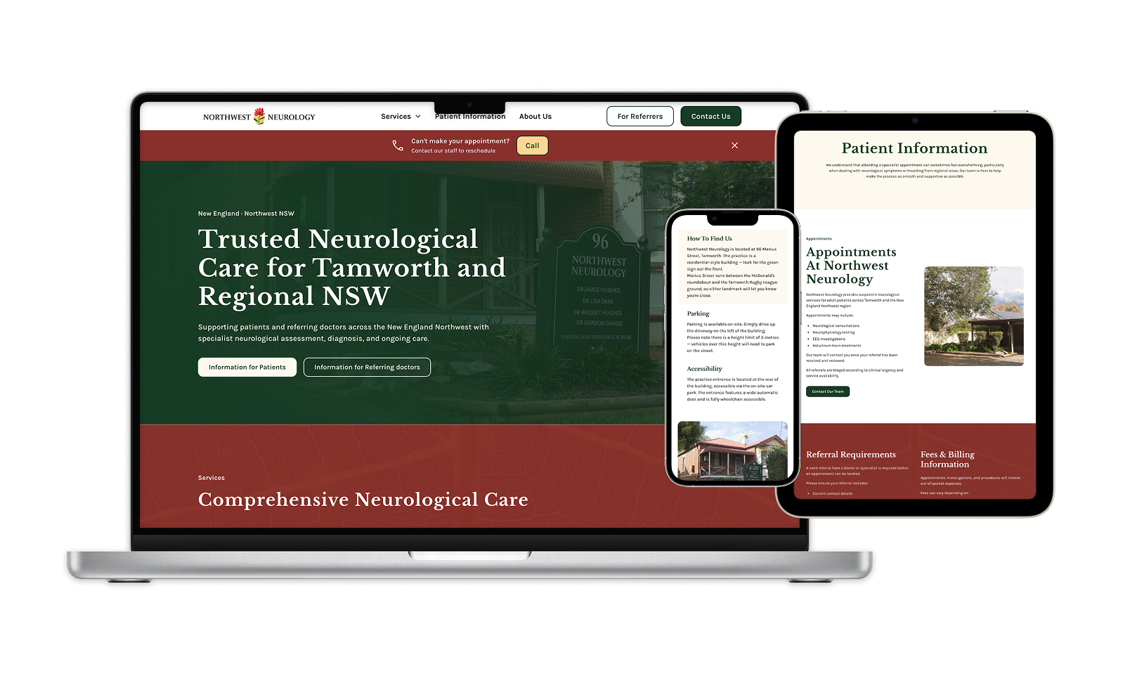 Multi-device mockup of the Northwest Neurology website built by Rhythm Digital, shown across laptop, tablet, and mobile. The homepage features the heading 'Trusted Neurological Care for Tamworth and Regional NSW' with Comprehensive Neurological Care services, alongside Patient Information and How to Find Us pages on the tablet and phone.