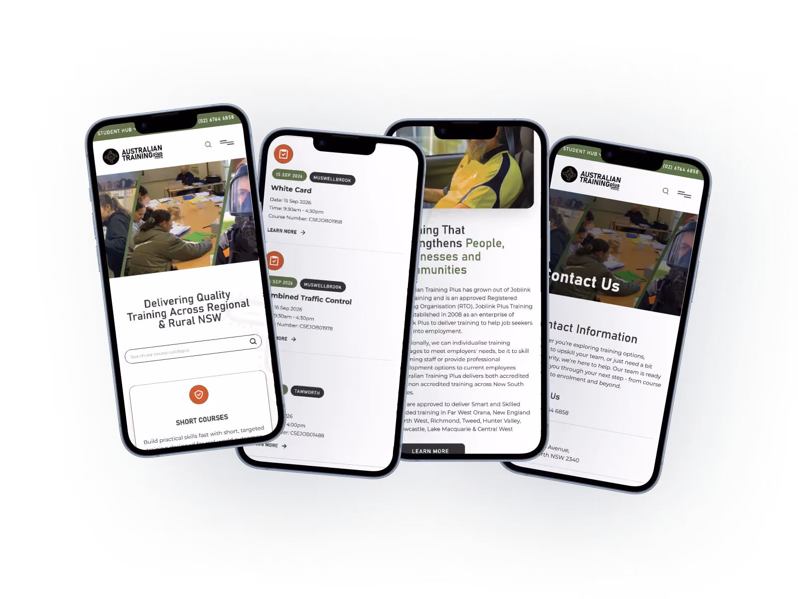 Four overlapping mobile mockups of the Australian Training Plus website built by Rhythm Digital, showing the homepage with 'Delivering Quality Training Across Regional & Rural NSW', a course calendar listing White Card and Combined Traffic Control sessions, an About Us page on training that strengthens people and communities, and a Contact Us page with contact information.