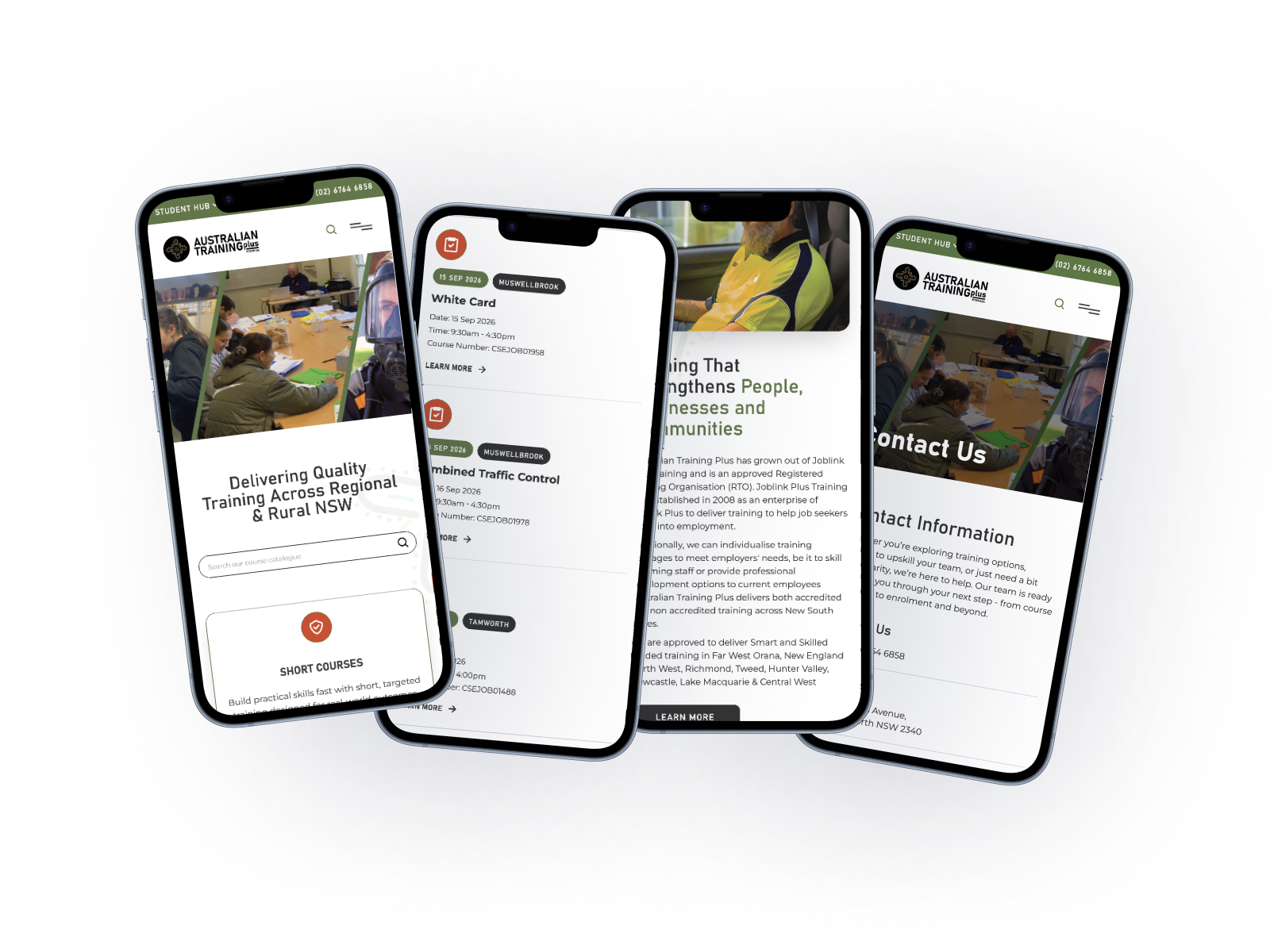 Four overlapping mobile mockups of the Australian Training Plus website built by Rhythm Digital, showing the homepage with 'Delivering Quality Training Across Regional & Rural NSW', a course calendar listing White Card and Combined Traffic Control sessions, an About Us page on training that strengthens people and communities, and a Contact Us page with contact information.