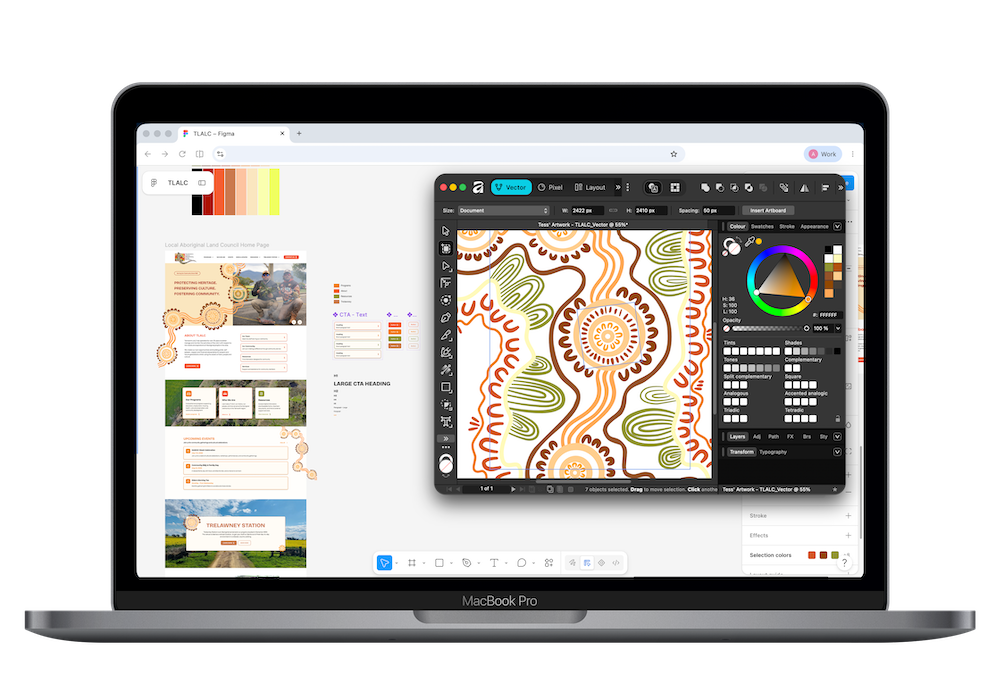 MacBook Pro showing the Figma design process for the Local Aboriginal Land Council website, with a vector artwork file open displaying custom Aboriginal artwork created by TLALC staff in ochre, green, and cream tones, alongside the website's homepage layout and brand colour palette in the background.