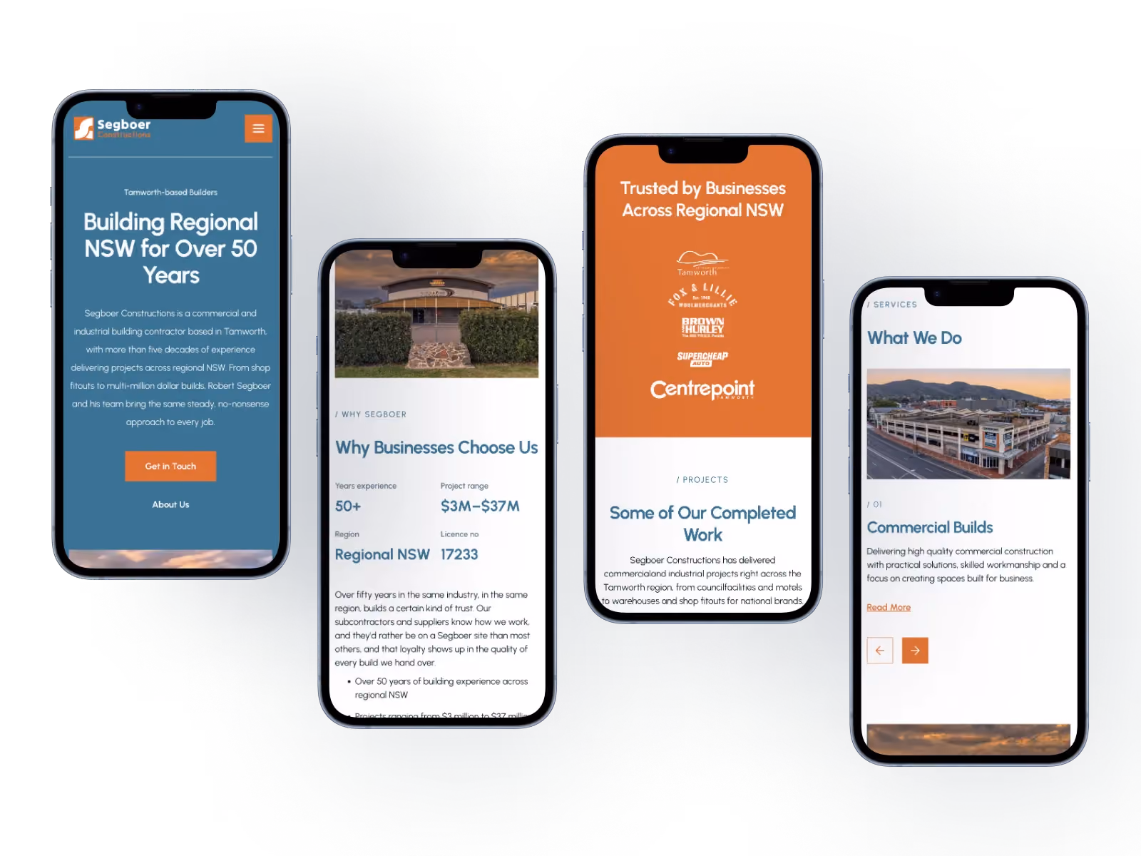 Four mobile mockups of the Segboer Constructions website built by Rhythm Digital, showing the homepage 'Building Regional NSW for Over 50 Years', the Why Businesses Choose Us stats, trusted client logos including Supercheap Auto and Centrepoint, and the Commercial Builds services page.
