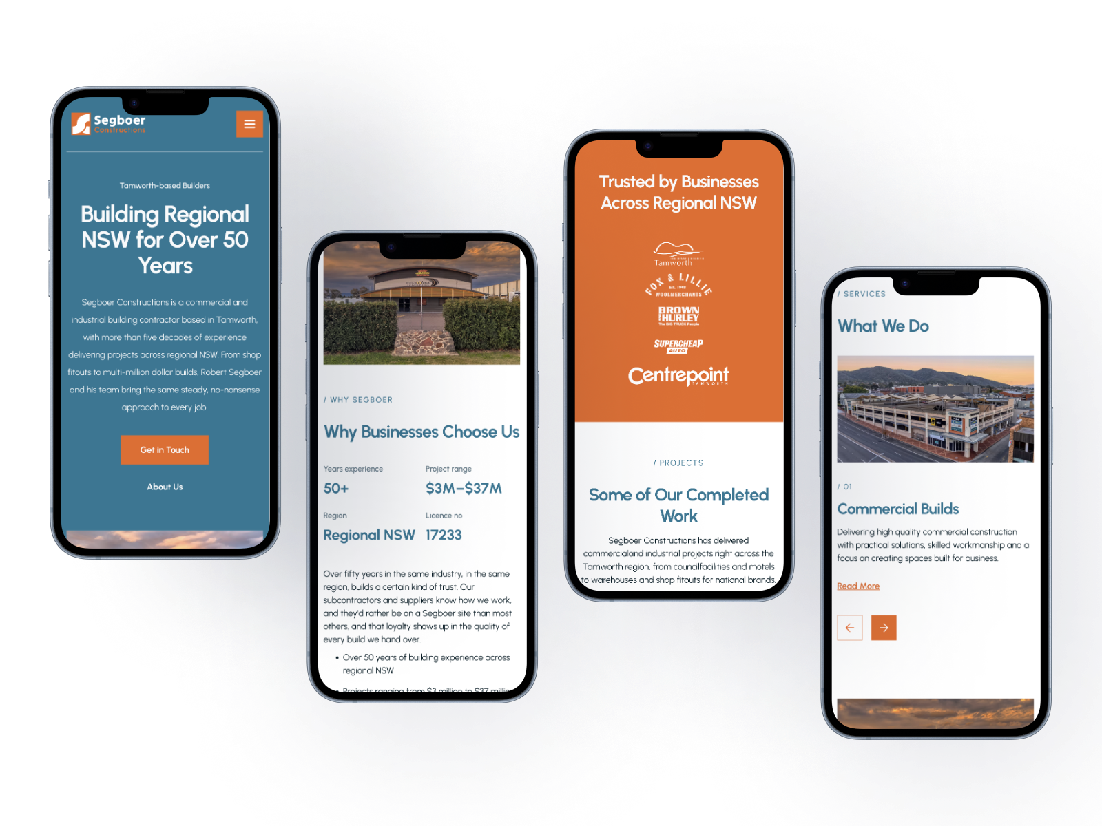 Four mobile mockups of the Segboer Constructions website built by Rhythm Digital, showing the homepage 'Building Regional NSW for Over 50 Years', the Why Businesses Choose Us stats, trusted client logos including Supercheap Auto and Centrepoint, and the Commercial Builds services page.