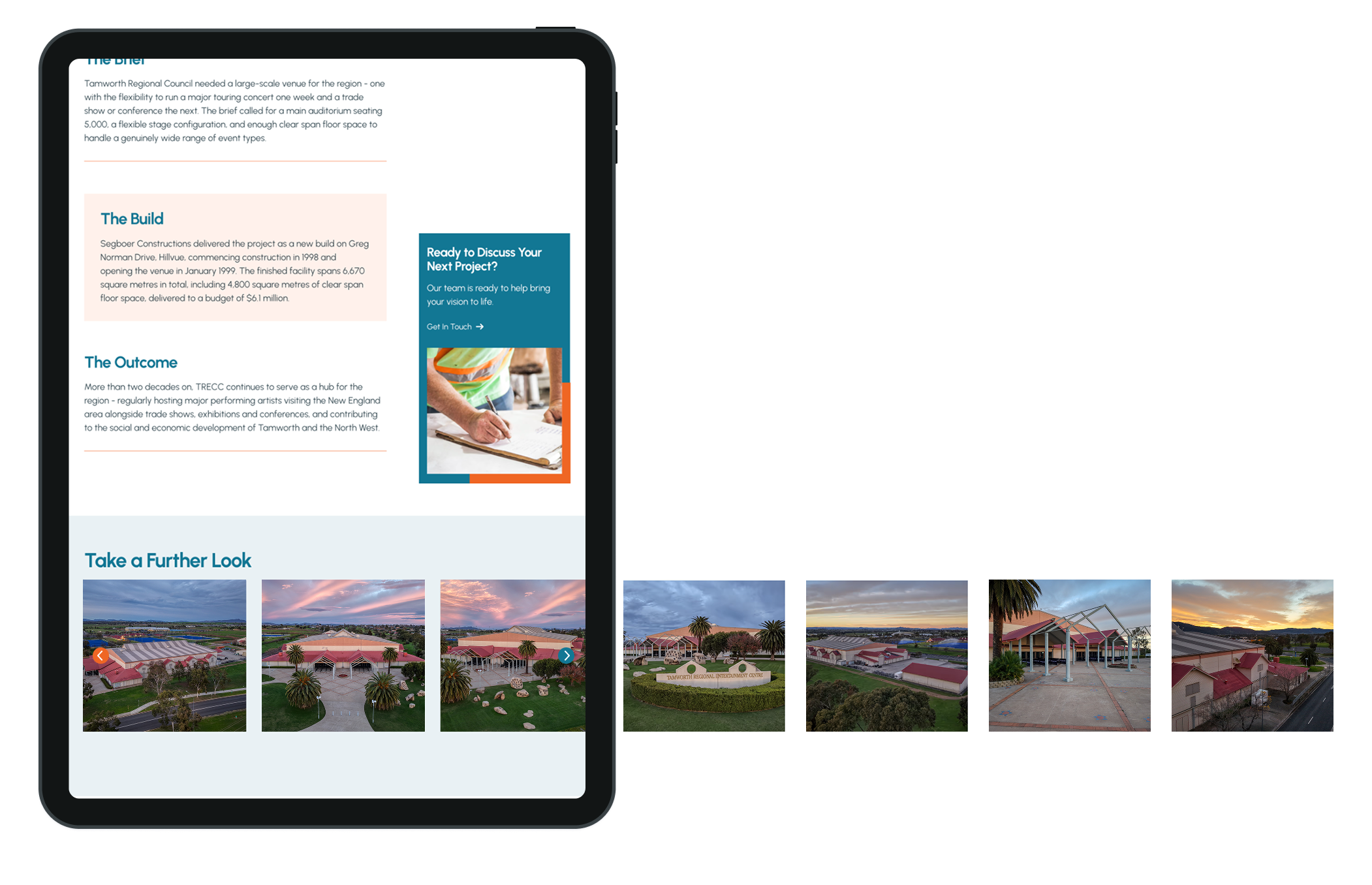 Tablet mockup of the Segboer Constructions website built by Rhythm Digital, showing a project case study page for the Tamworth Regional Entertainment Centre with The Brief, The Build, and The Outcome sections, a Get In Touch prompt, and a Take a Further Look photo gallery of the venue.