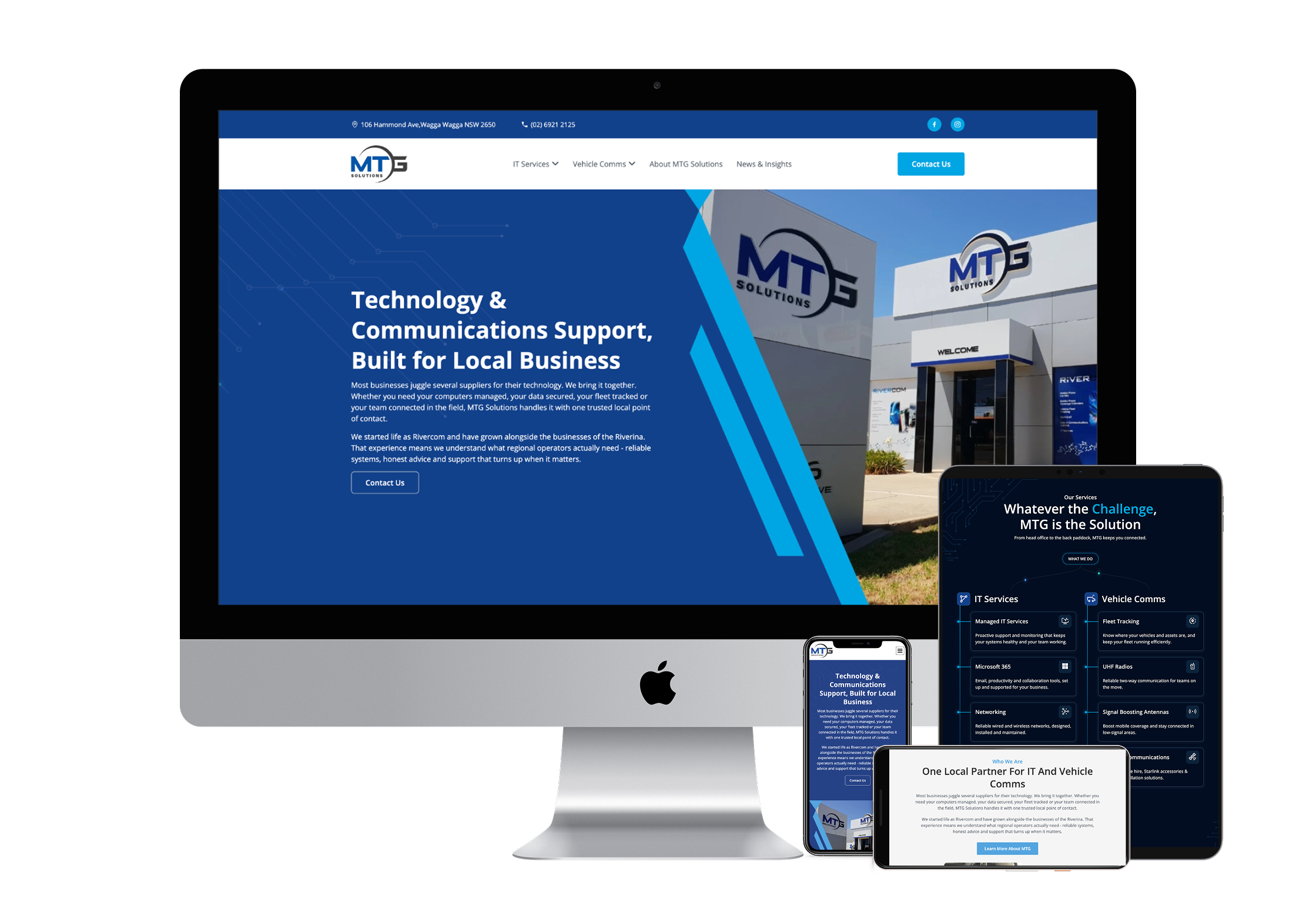Multi-device responsive mockup of the MTG Solutions website built by Rhythm Digital, shown across iMac, tablet, and two mobile phones. The homepage features the heading 'Technology & Communications Support, Built for Local Business' with a photo of the MTG Solutions office, alongside pages for IT Services, Vehicle Comms, and 'One Local Partner For IT And Vehicle Comms'.