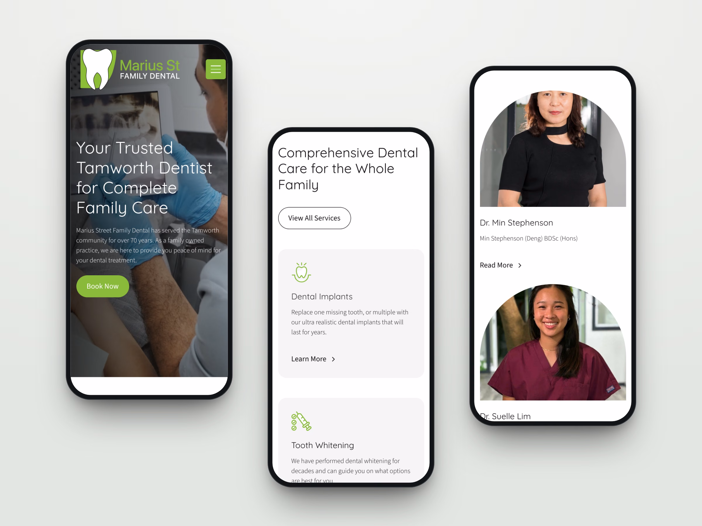 Three mobile screens from the Marius Street Family Dental website: the homepage, dental services and dentist profiles