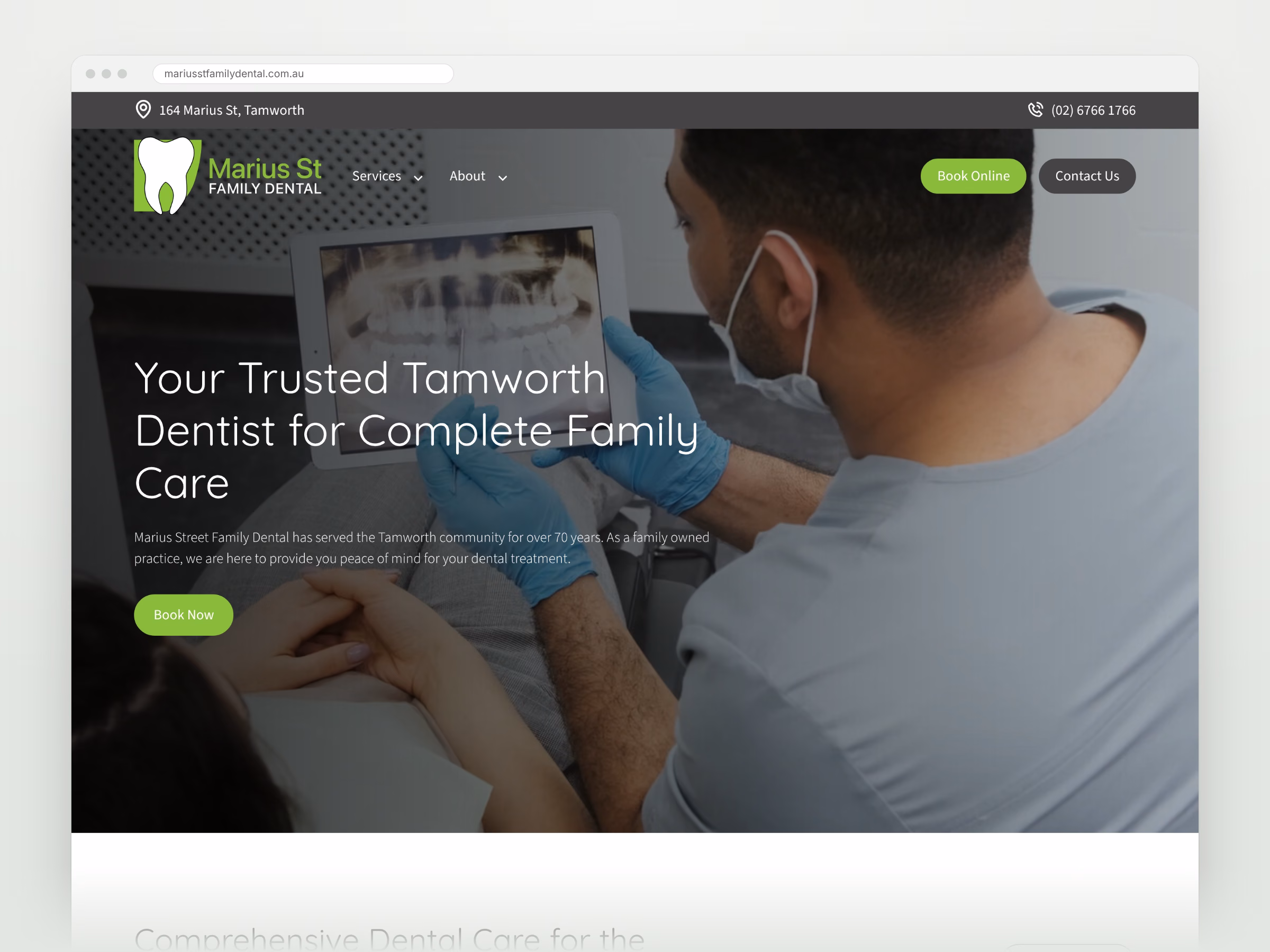Marius Street Family Dental homepage shown in a desktop browser
