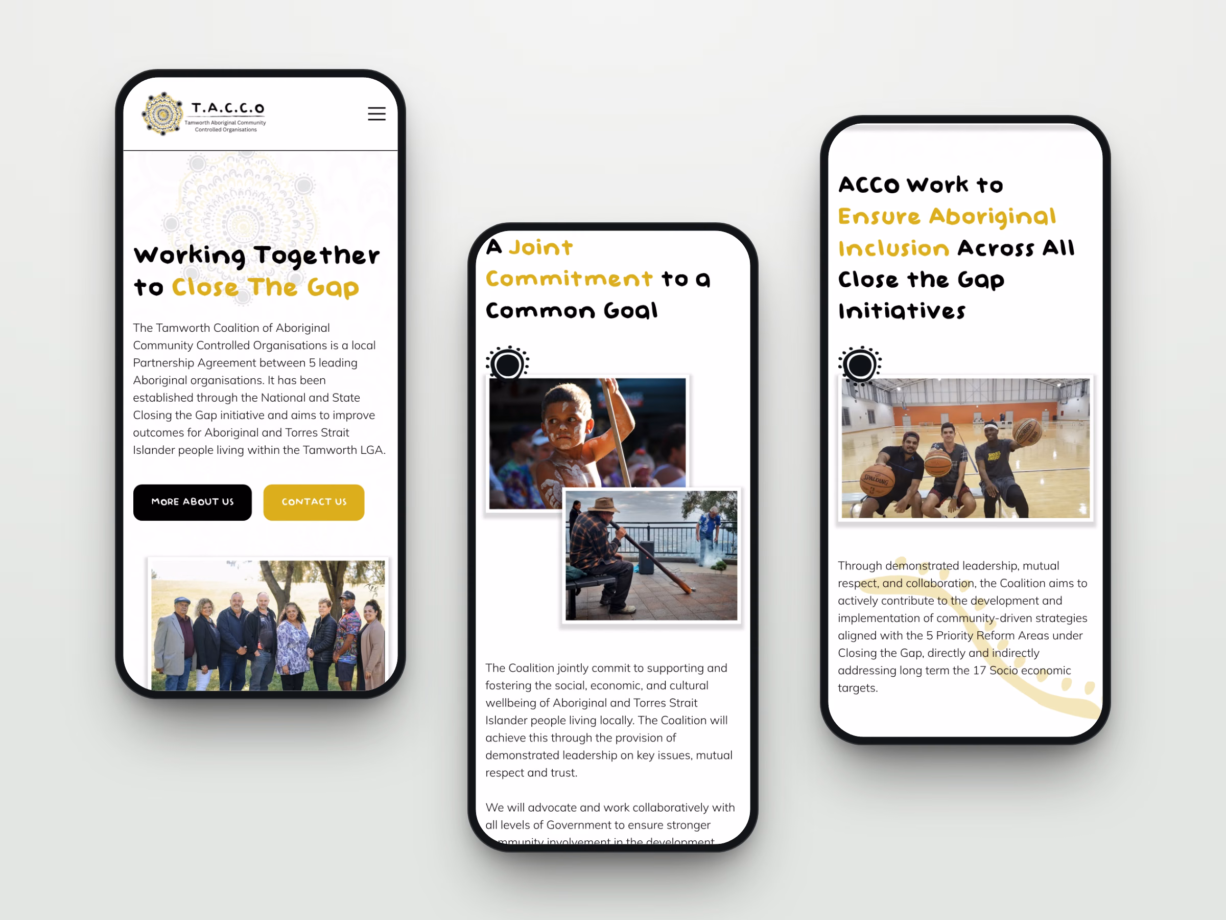 Three mobile screens from the TACCO website: the homepage, A Joint Commitment and About Us