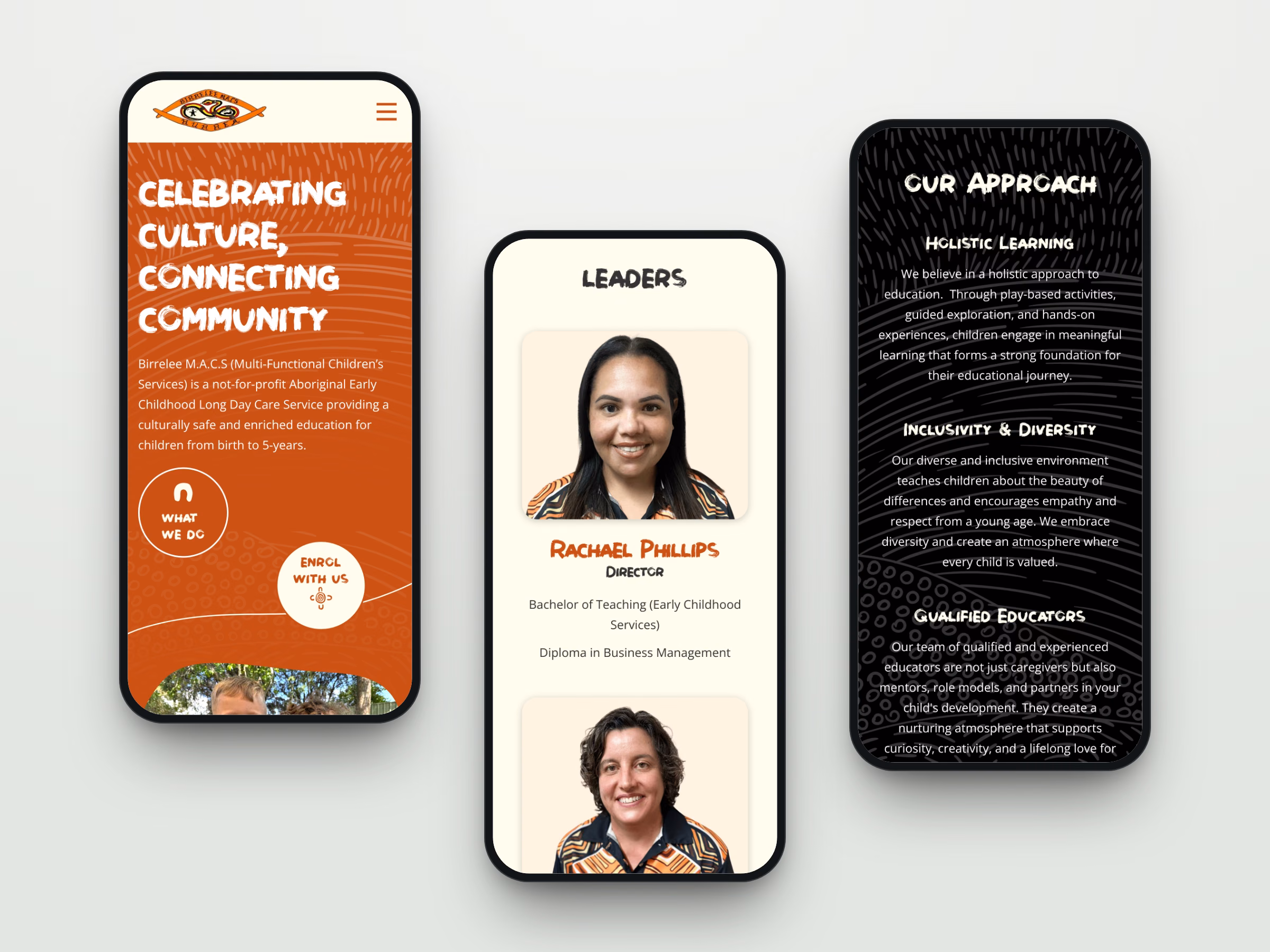 Three mobile screens from the Birrelee MACS website: the homepage, Our Team and Our Approach