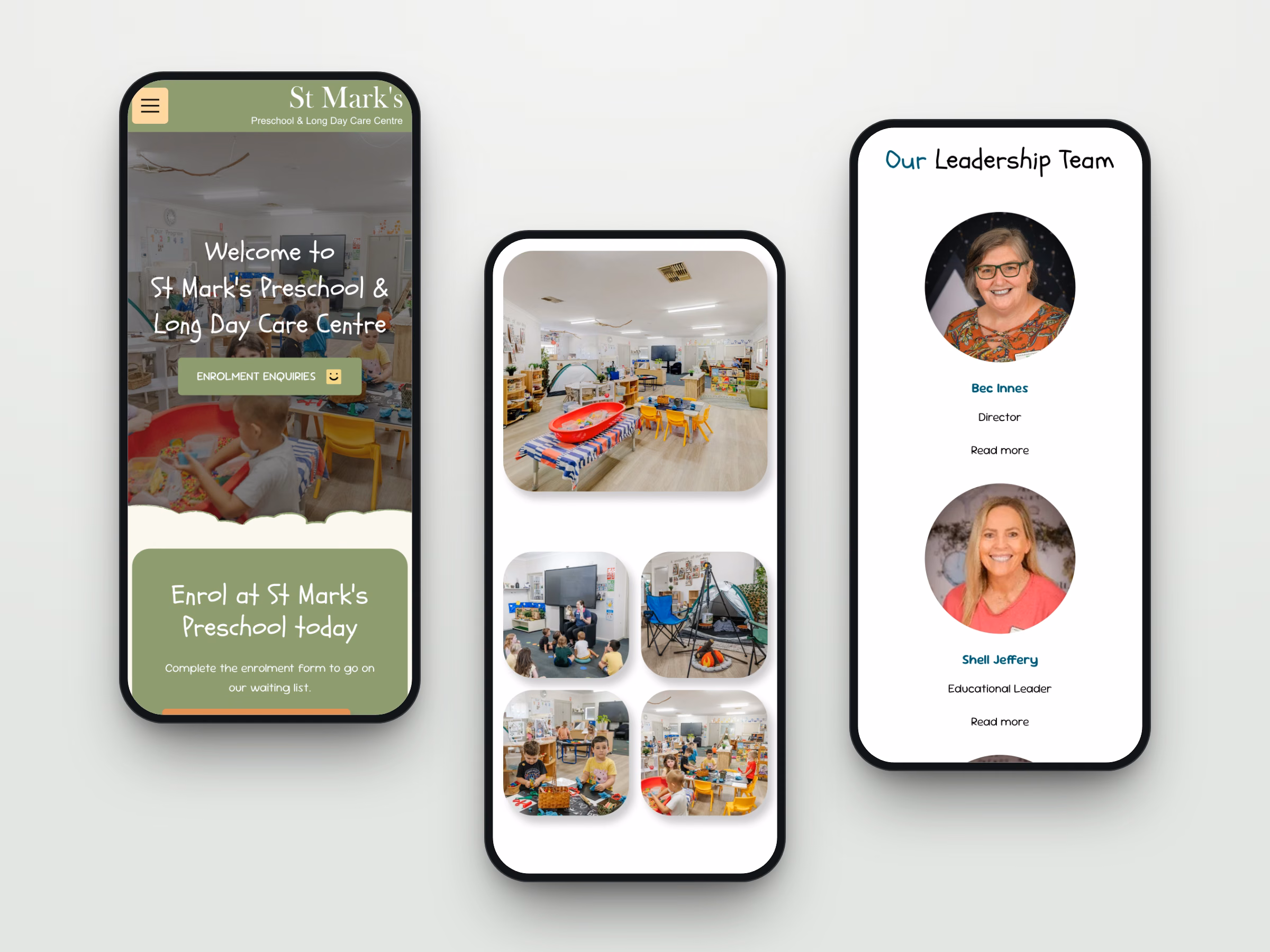 Three mobile screens from the St Mark's Preschool website: the homepage, Our Centre and Our Team
