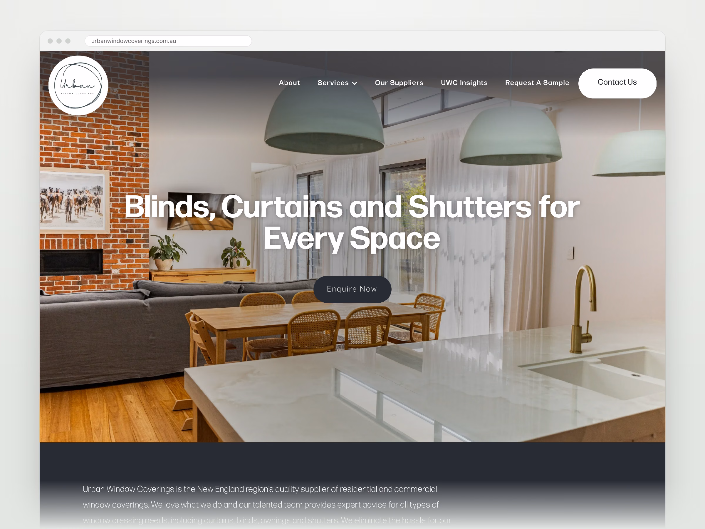 Urban Window Coverings homepage shown in a desktop browser