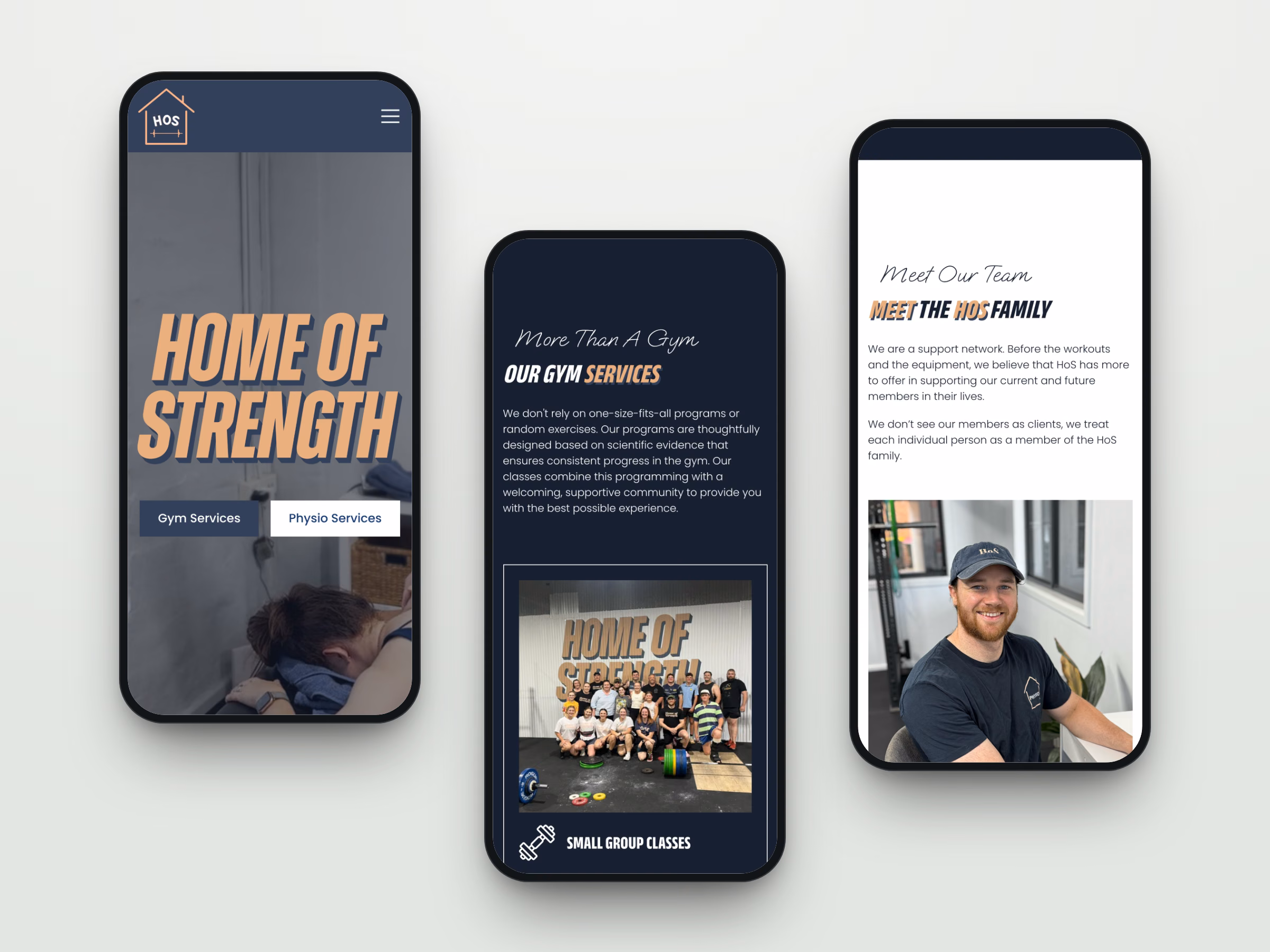 Three mobile screens from the Home of Strength website: the homepage, gym services and the team page