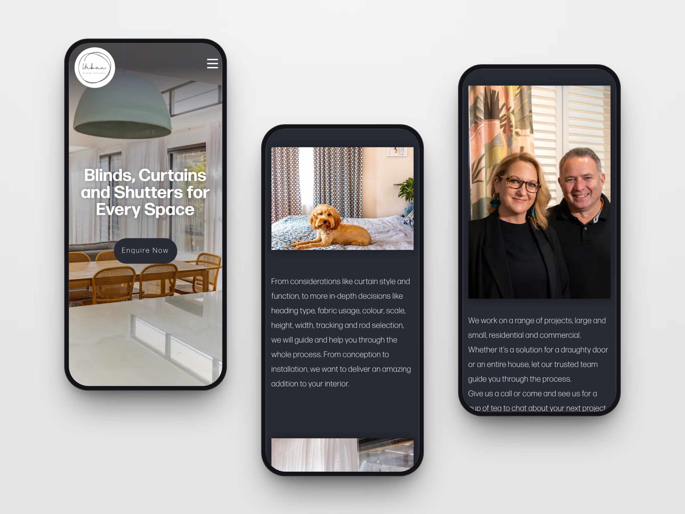 Three mobile screens from the Urban Window Coverings website: the homepage, the curtains page and owners Beck and Matt on the about page