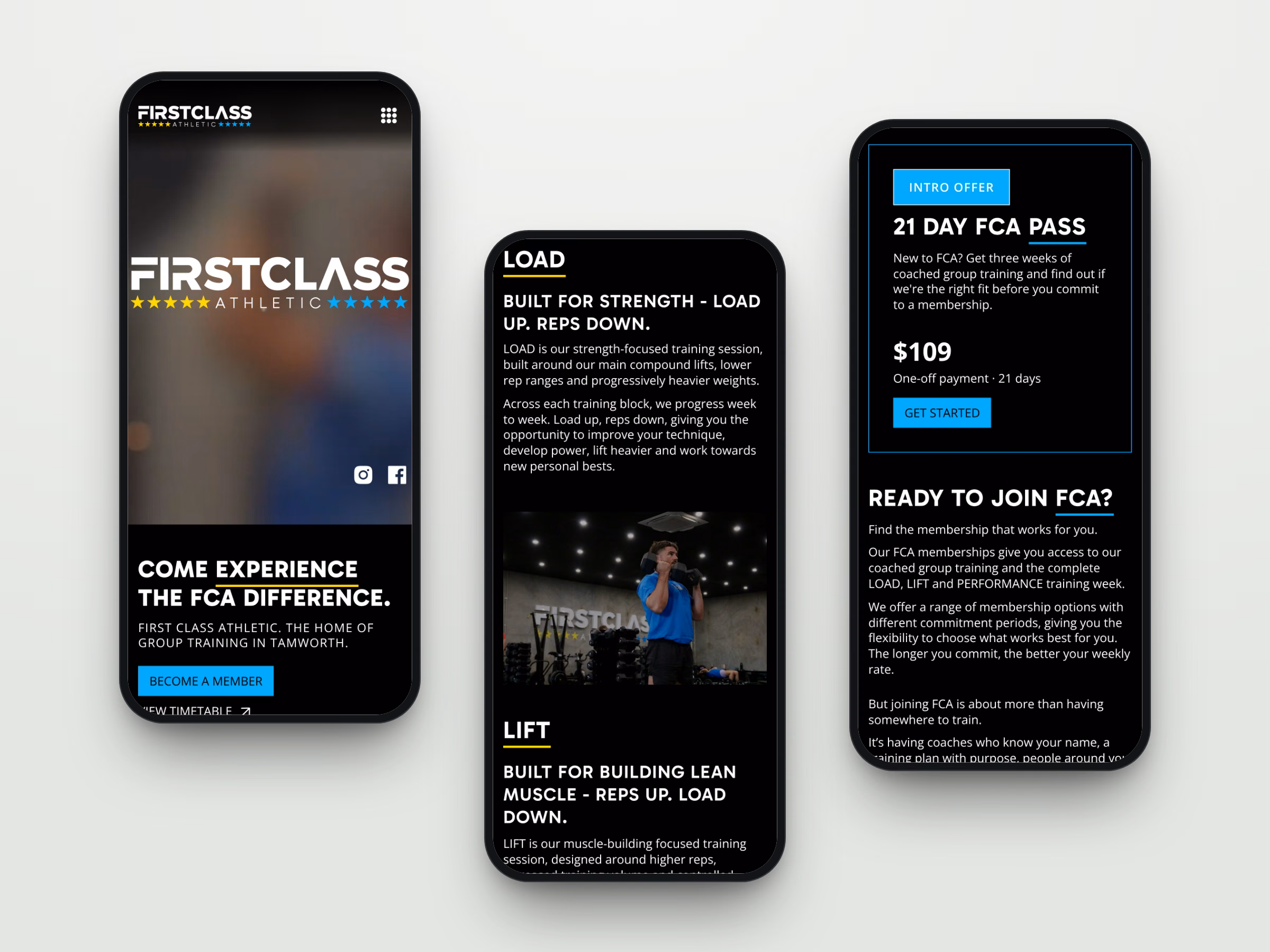 Three phones showing the First Class Athletic website on mobile: the homepage hero, the LOAD class section and the 21 day intro offer.