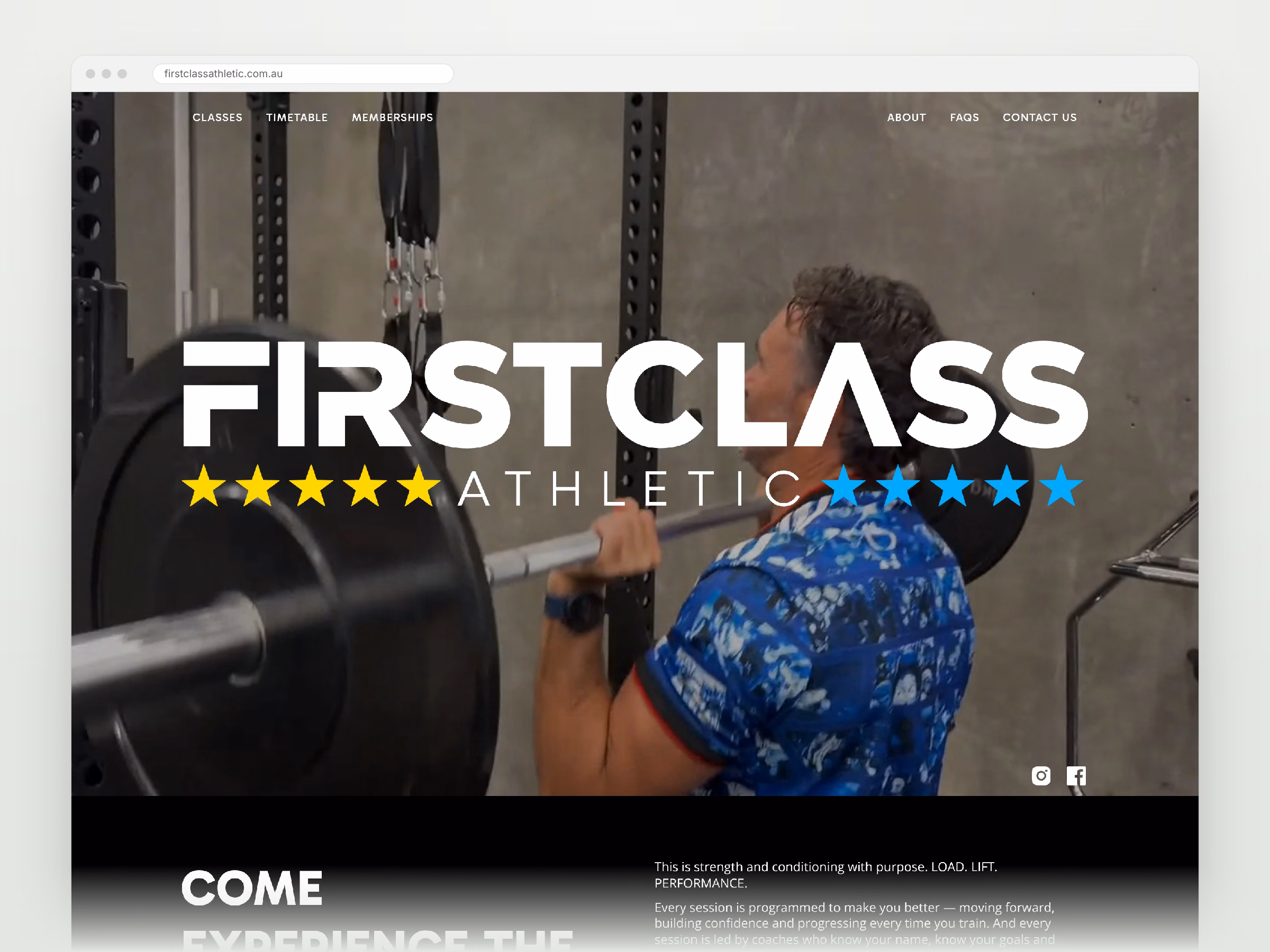 Desktop browser view of the First Class Athletic homepage at firstclassathletic.com.au, with the logo over a training video.
