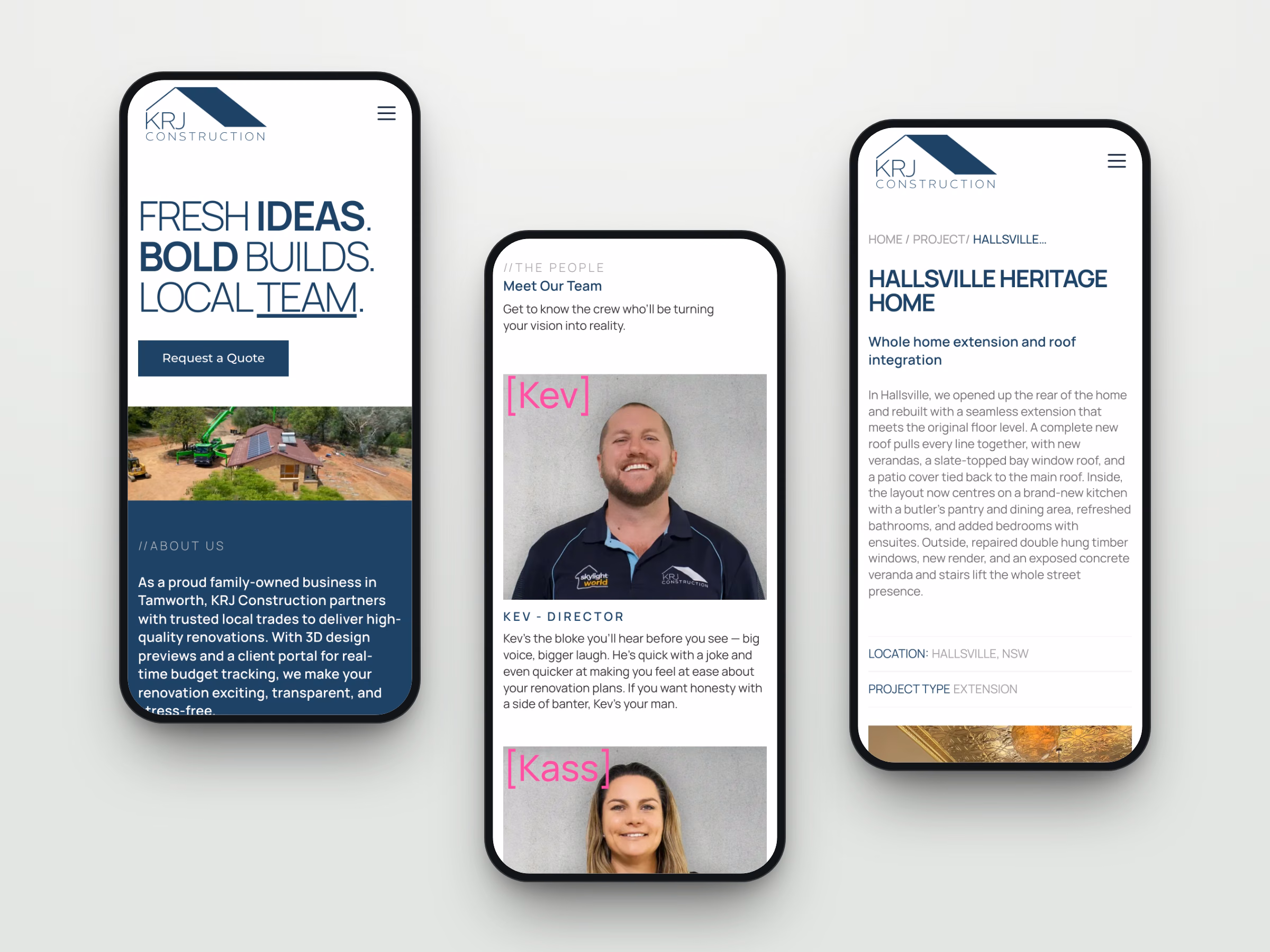 Three mobile screens from the KRJ Construction website: the homepage, the team page and a renovation project