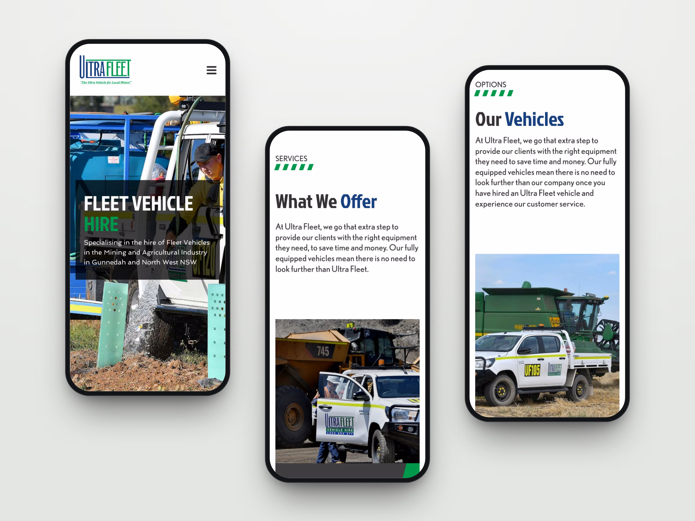 Three mobile screens from the Ultra Fleet website