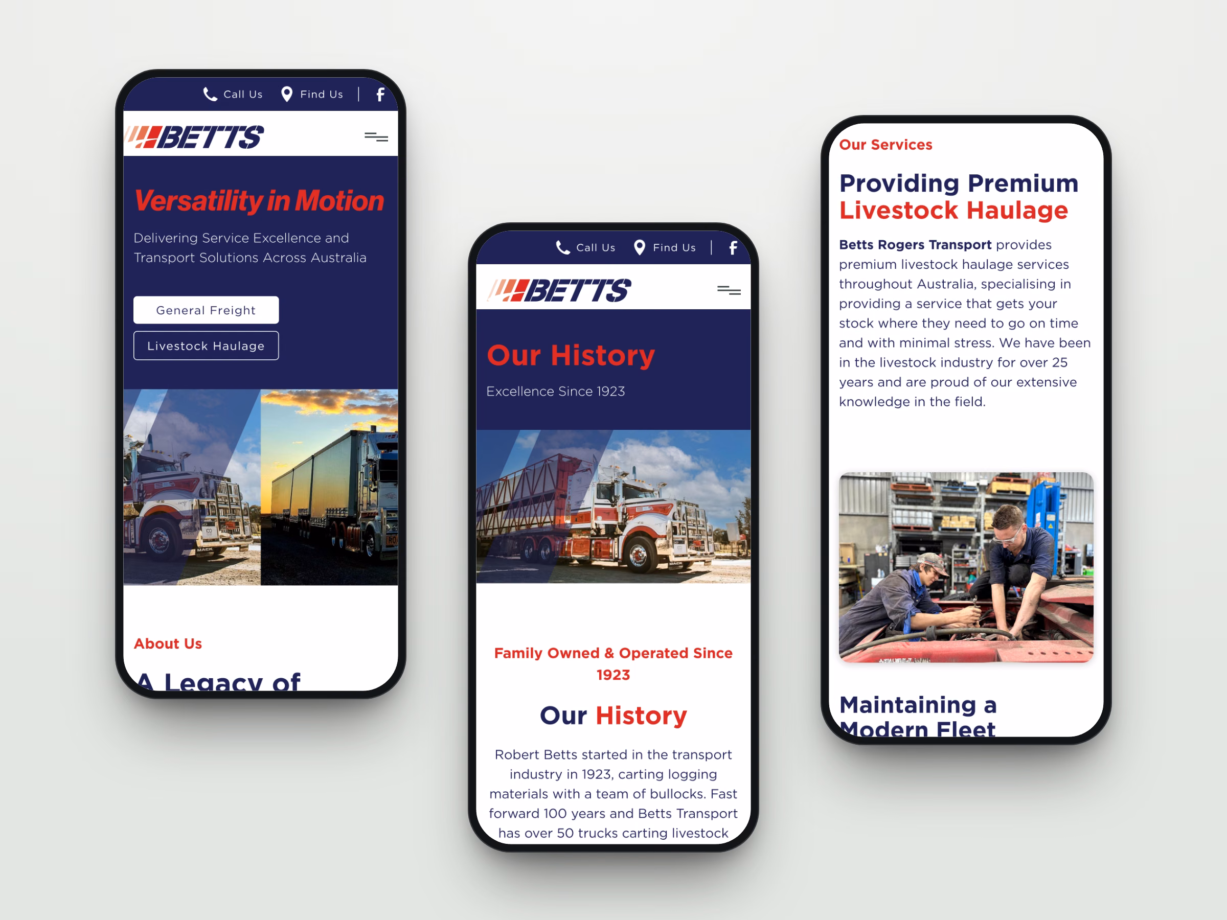 Three mobile screens from the Betts Transport website: the homepage, the history page and the livestock haulage page