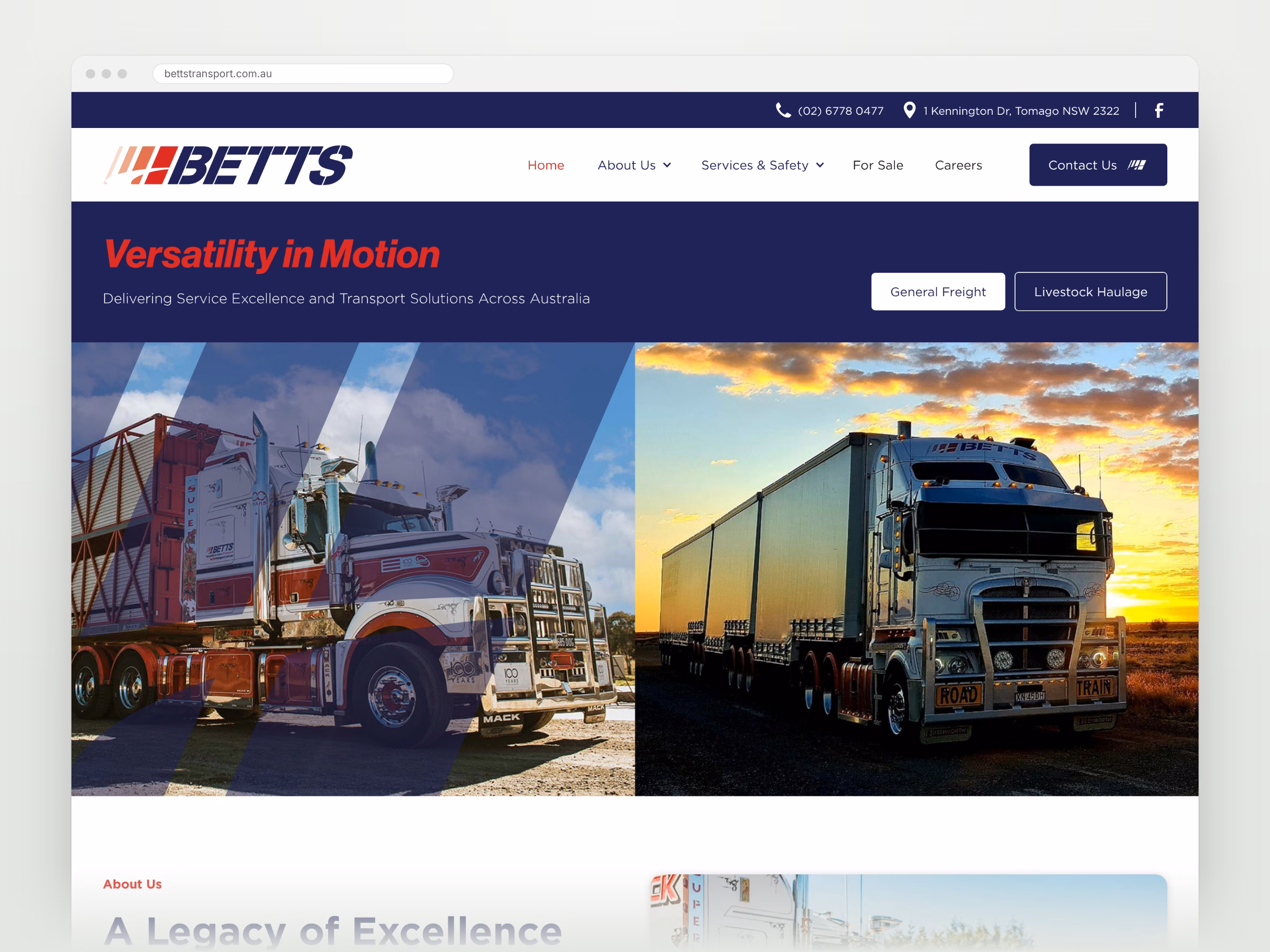 Betts Transport homepage shown in a desktop browser