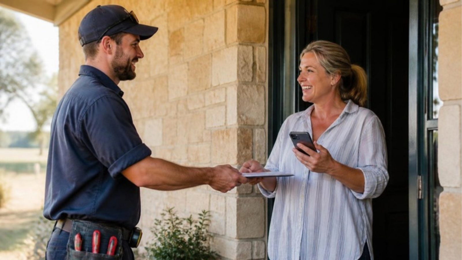 Tradesperson finishing a job with a happy customer at her front door