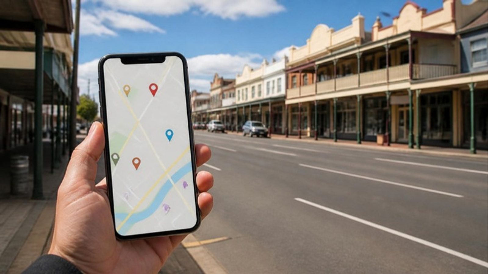 Phone showing map pins on a regional Australian main street