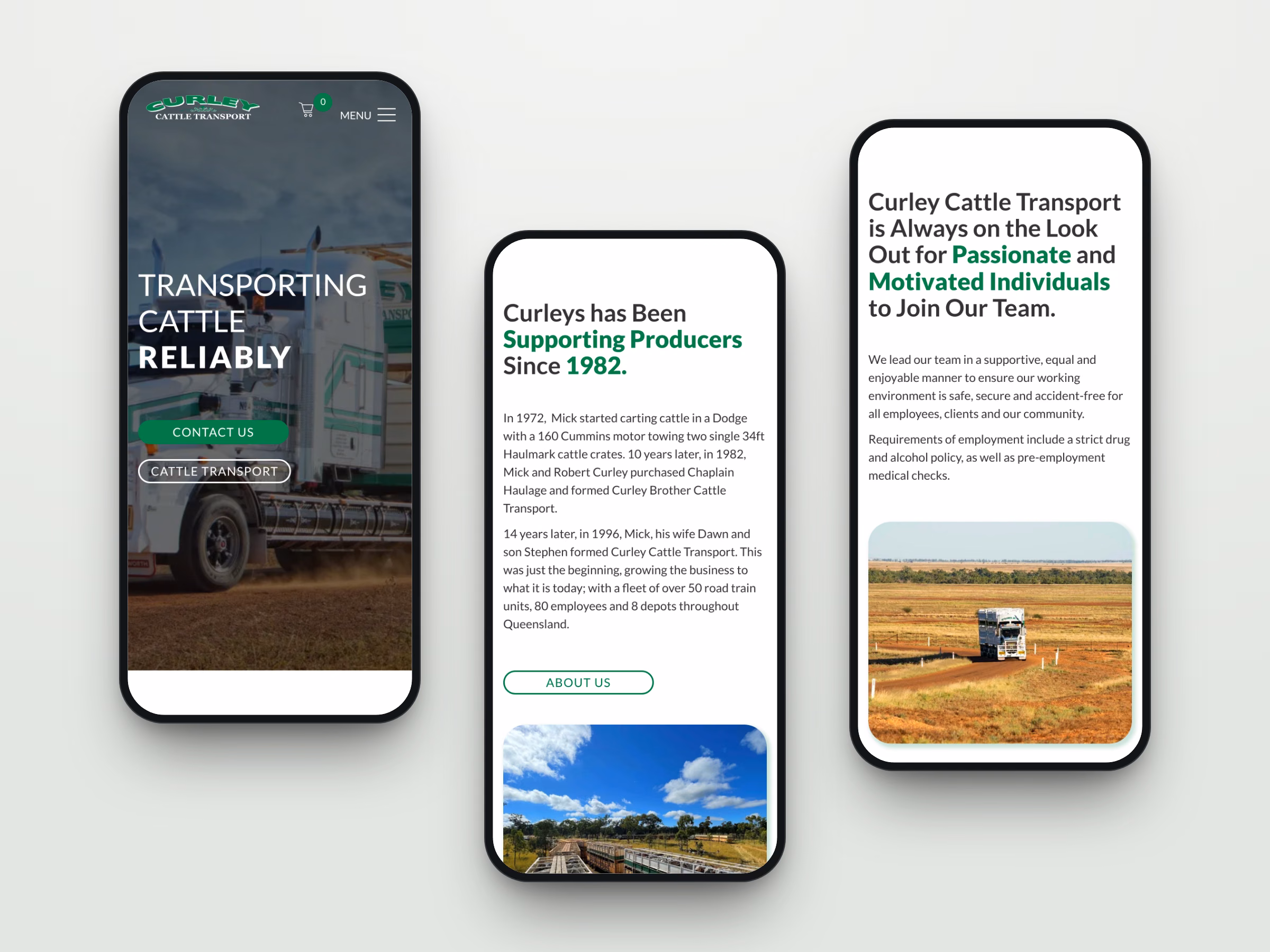 Three mobile screens from the Curley Cattle Transport website: the homepage, the history page and the careers page