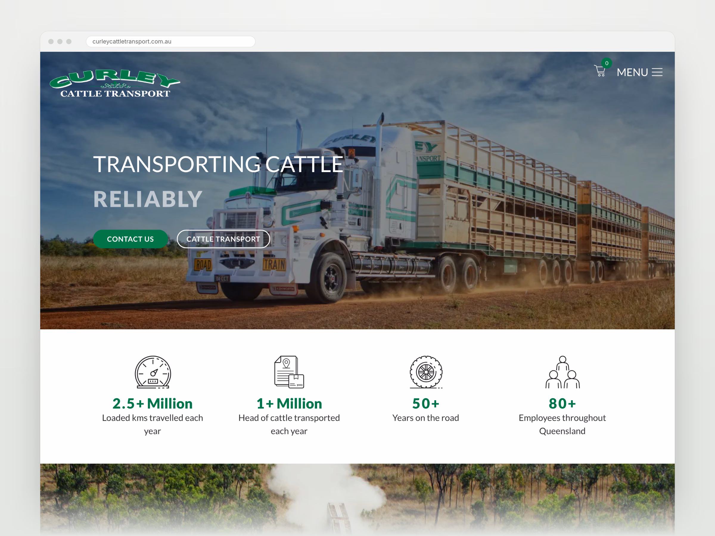 Curley Cattle Transport homepage shown in a desktop browser
